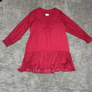 Anthropologie Dress Womens Large Hot Pink Pleated Long Sleeve Ruffle Hem Shift